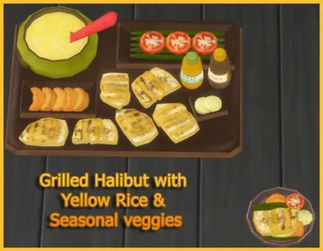 GRILLED HALIBUT WITH YELLOW RICE AND SEASONAL VEGGIES