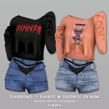 shirring T & shorts denim