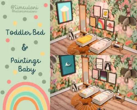 TODDLER BED & PAINTINGS